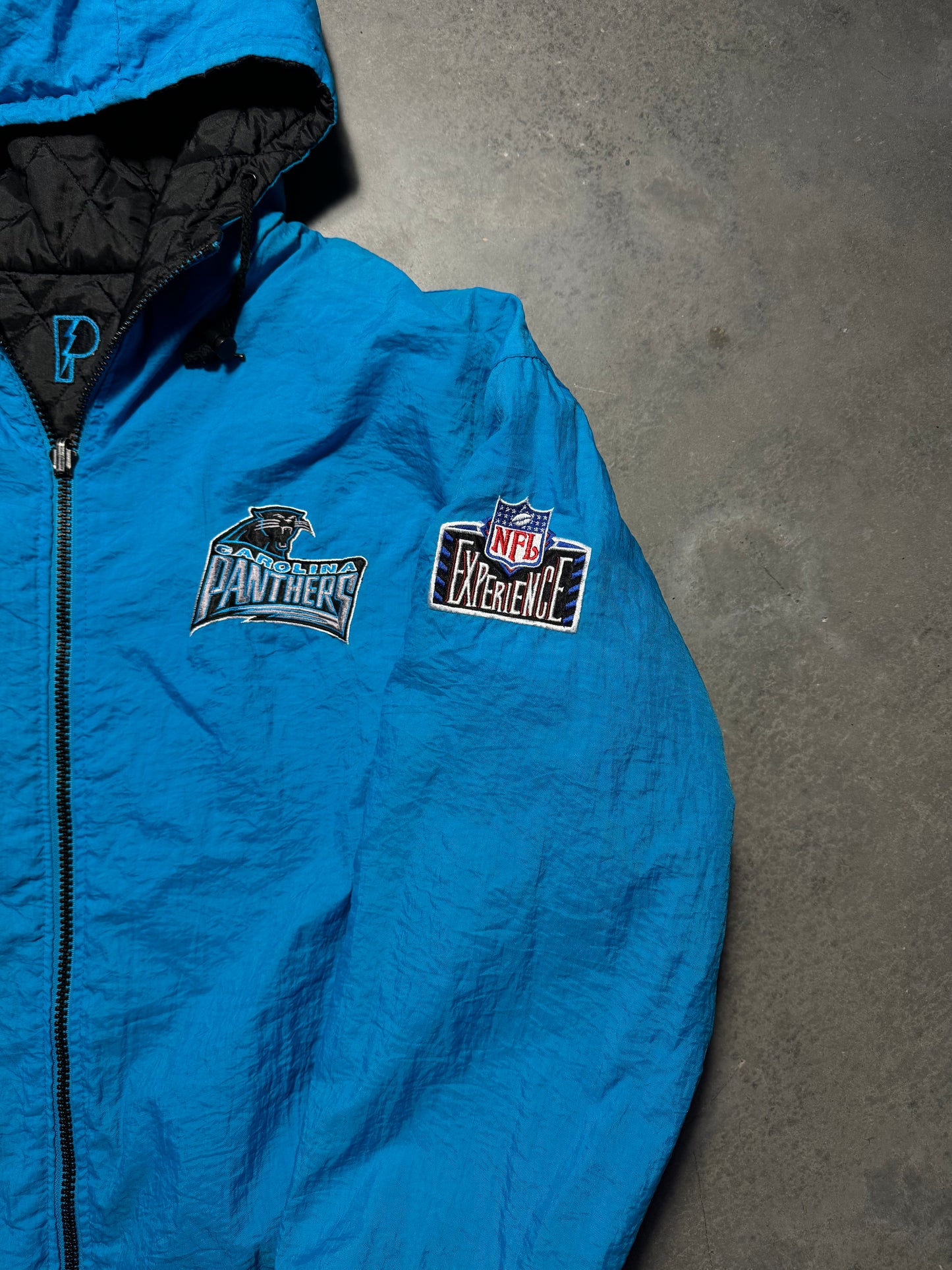 90’s Carolina Panthers Vintage Reversible Pro Player Quilted NFL Puffer Jacket (Large)
