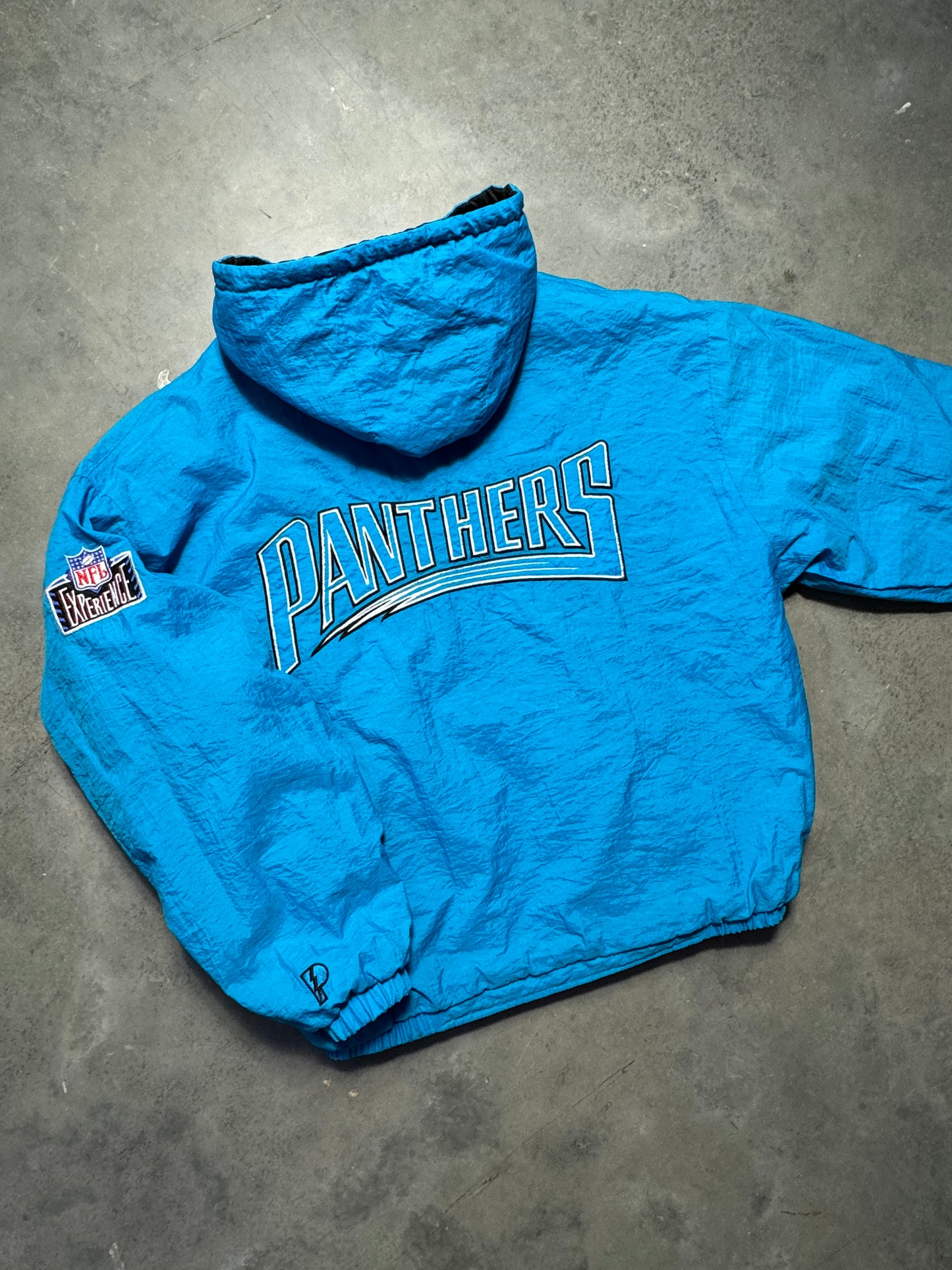 90’s Carolina Panthers Vintage Reversible Pro Player Quilted NFL Puffer Jacket (Large)
