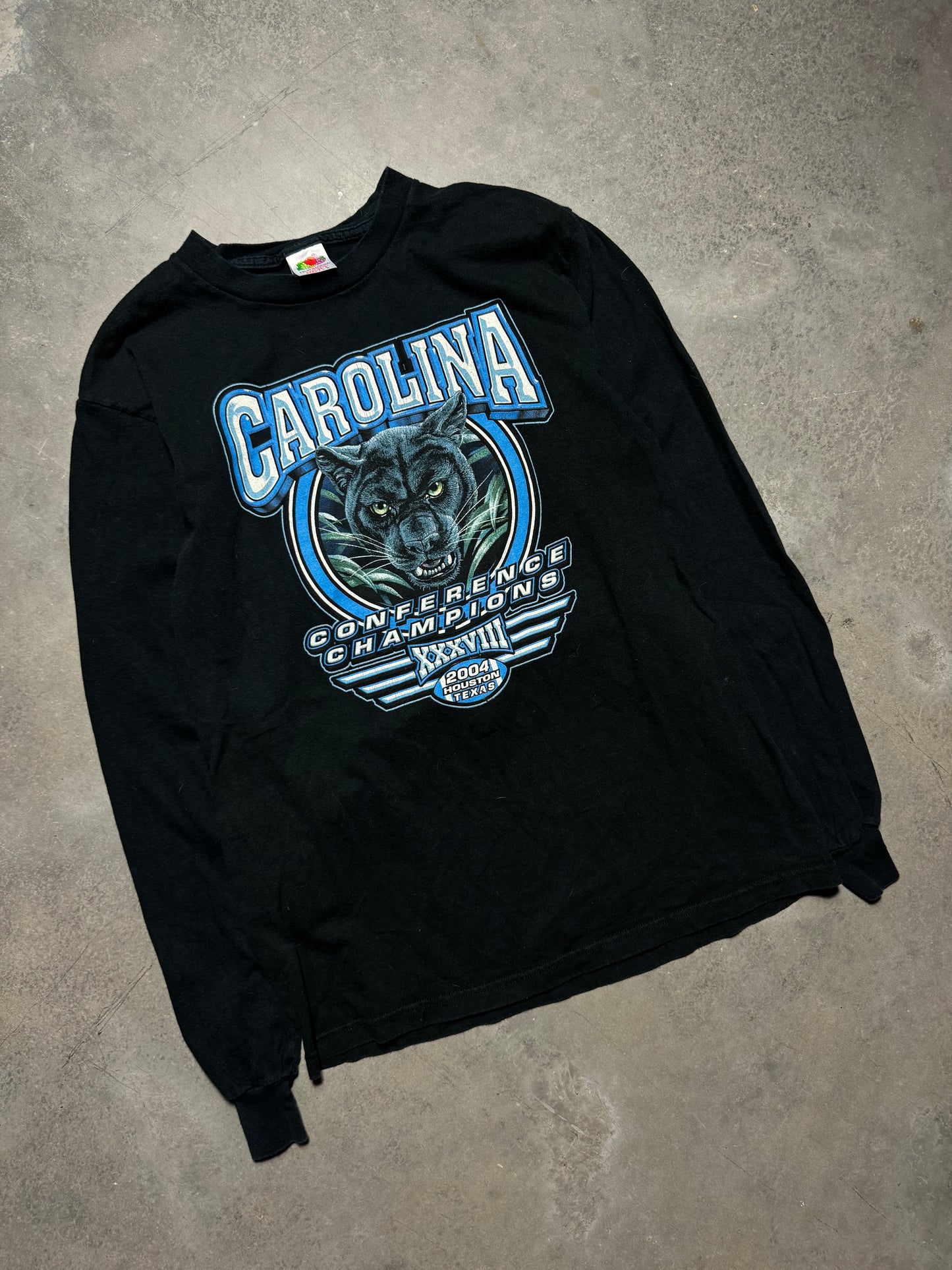2004 Carolina Panthers Vintage NFC Conference Champions Realistic Cat Face NFL Longsleeve Tee (Medium)