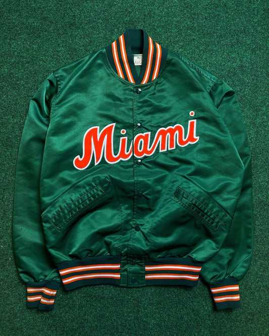 80’s Miami Hurricanes Vintage Script Tailsweep College Satin Jacket (Medium)