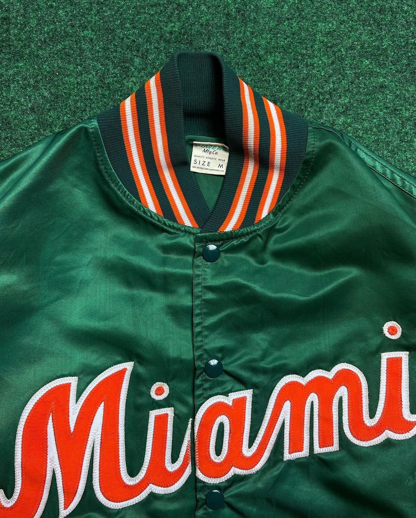 80’s Miami Hurricanes Vintage Script Tailsweep College Satin Jacket (Medium)