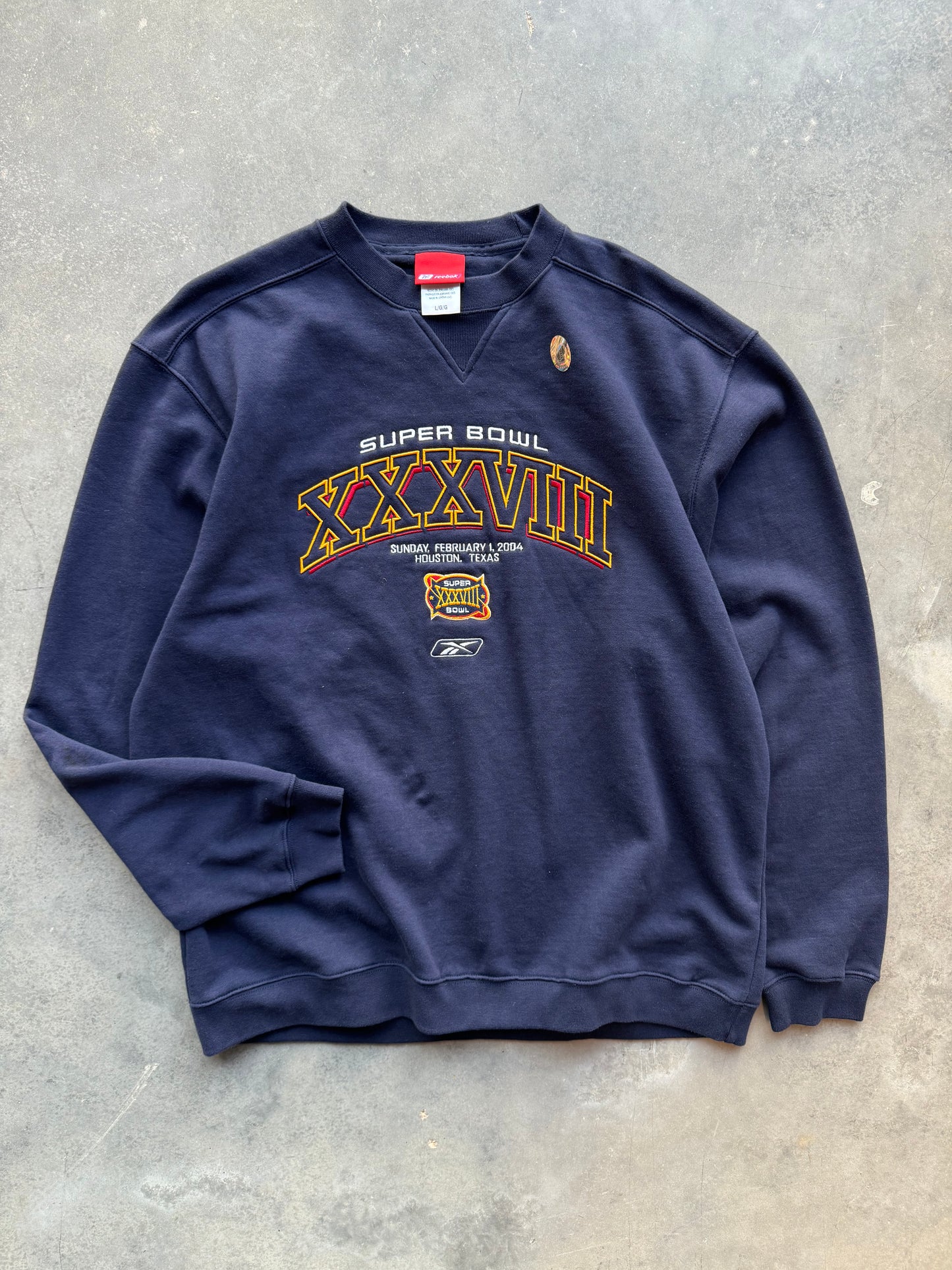 2004 Super Bowl XXXVIII Vintage Navy Blue Reebok Embroidered NFL Crewneck - Deadstock (Large)