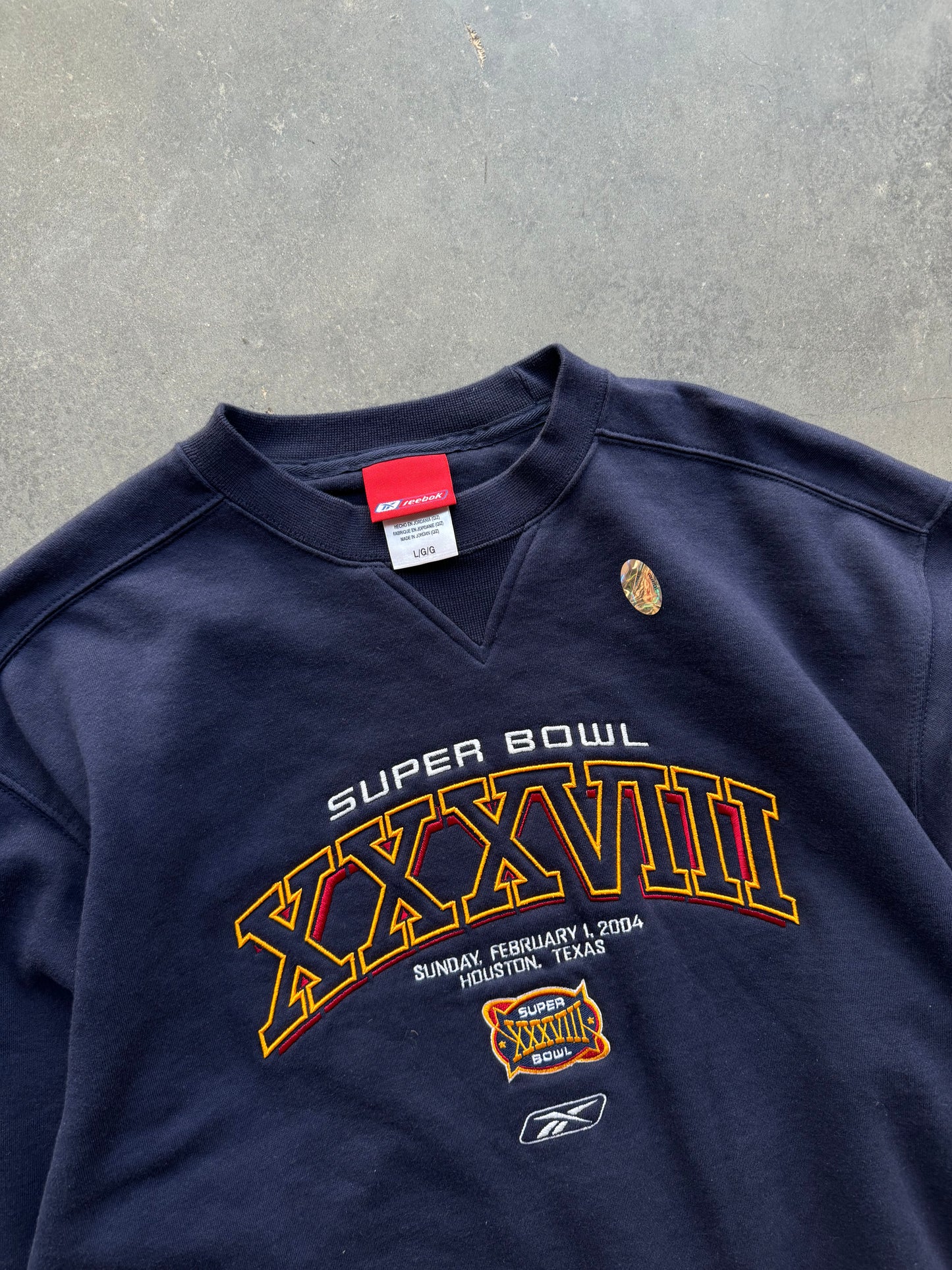 2004 Super Bowl XXXVIII Vintage Navy Blue Reebok Embroidered NFL Crewneck - Deadstock (Large)