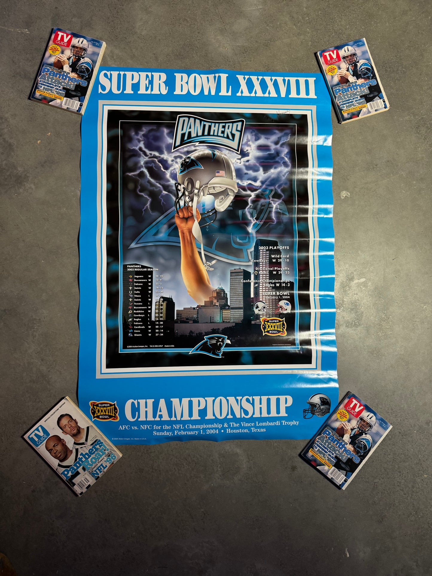 2004 Carolina Panthers vs. New England Patriots Super Bowl XXXVIII Lightning Print Poster - Brand New