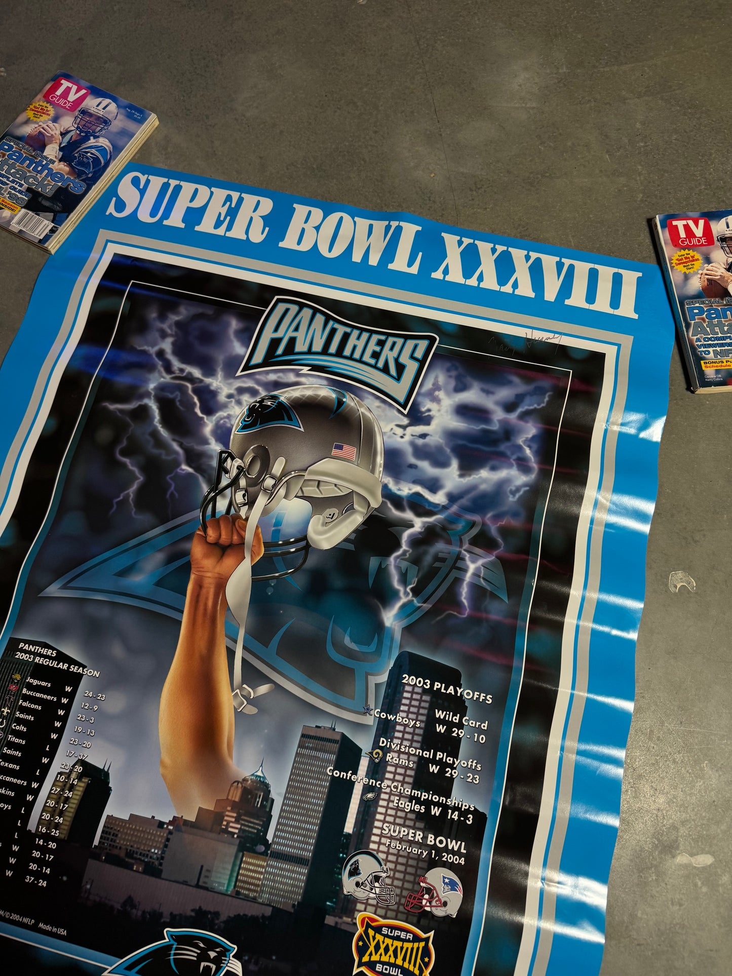 2004 Carolina Panthers vs. New England Patriots Super Bowl XXXVIII Lightning Print Poster - Brand New