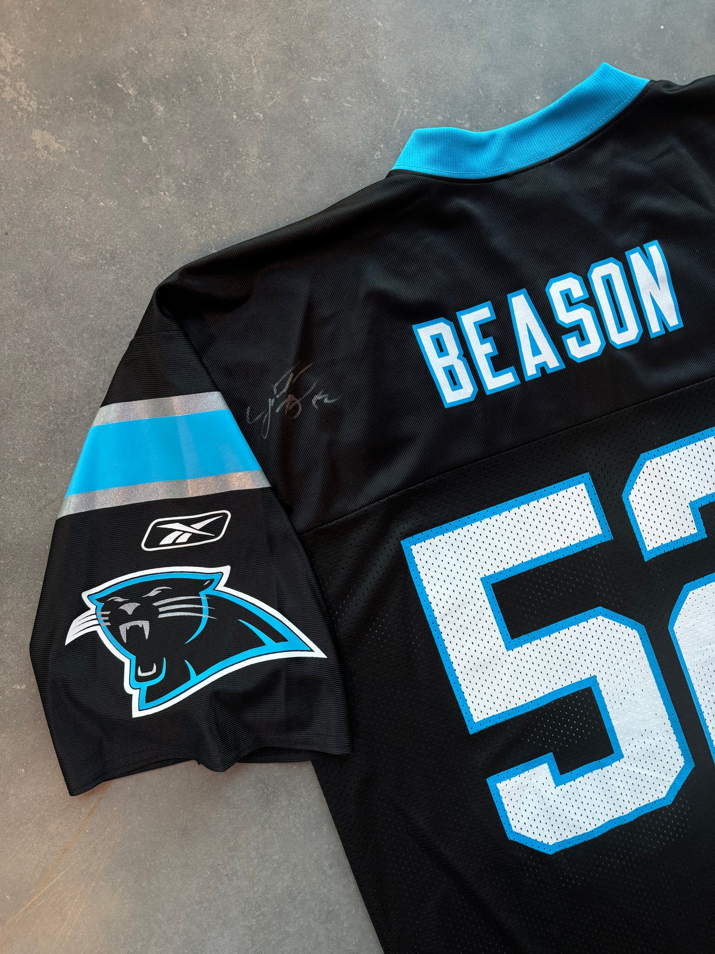 00’s Carolina Panthers Jon Beason Vintage Black Reebok NFL Jersey - Signed & Deadstock (Large)