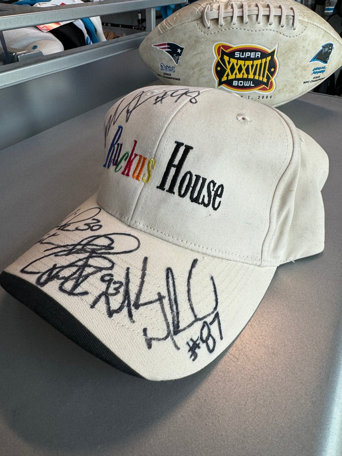 00’s Carolina Panthers Ruckus House Vintage Charity Signed NFL Hat - Autographed by Rucker, Muhammad, Minter & Davis