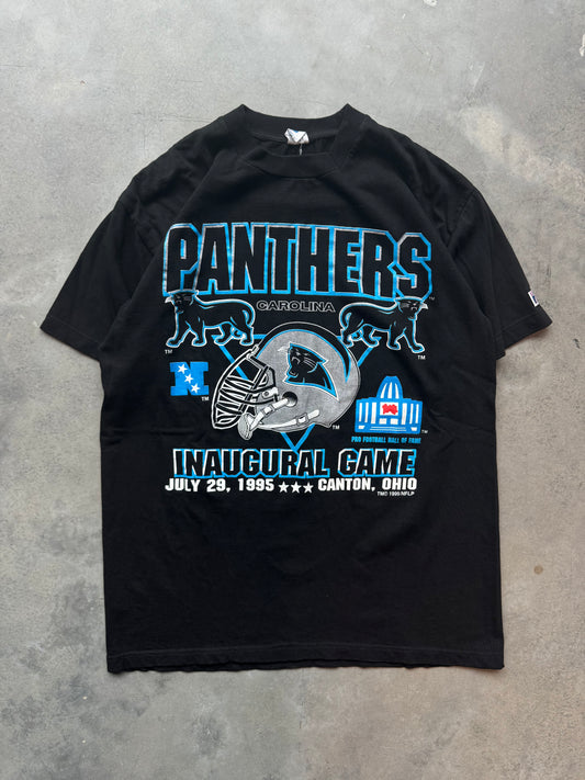 1995 Carolina Panthers Vintage Logo 7 Inaugural Season Hall of Fame Game Full Alternate Cat Logo NFL Tee (Large)