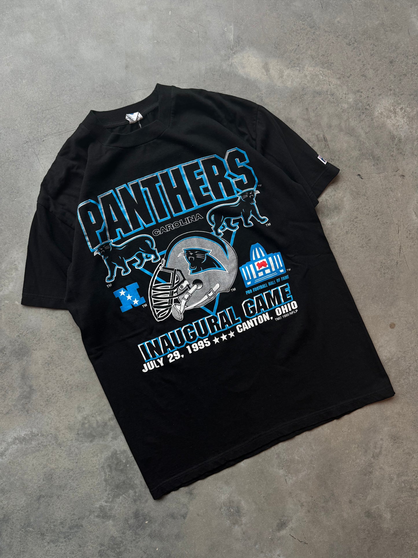 1995 Carolina Panthers Vintage Logo 7 Inaugural Season Hall of Fame Game Full Alternate Cat Logo NFL Tee (Large)