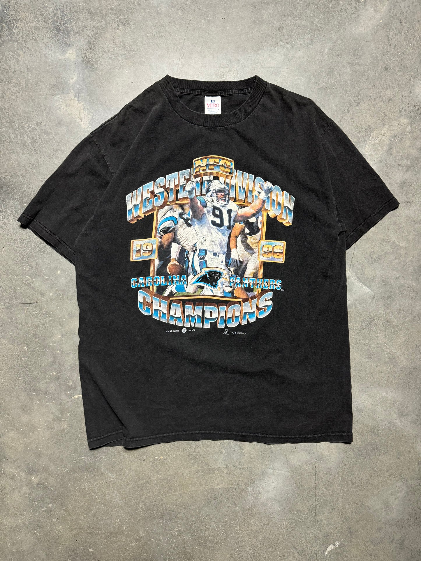 1996 Carolina Panthers NFC Western Division Champions Chrome Spellout Kevin Green Celebration NFL Tee (XL)