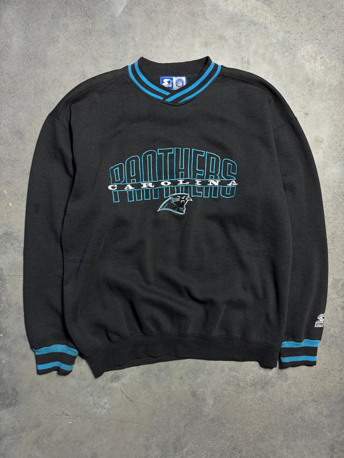 90’s Carolina Panthers Vintage Black Starter Ribbed Embroidered NFL Crewneck (Large)