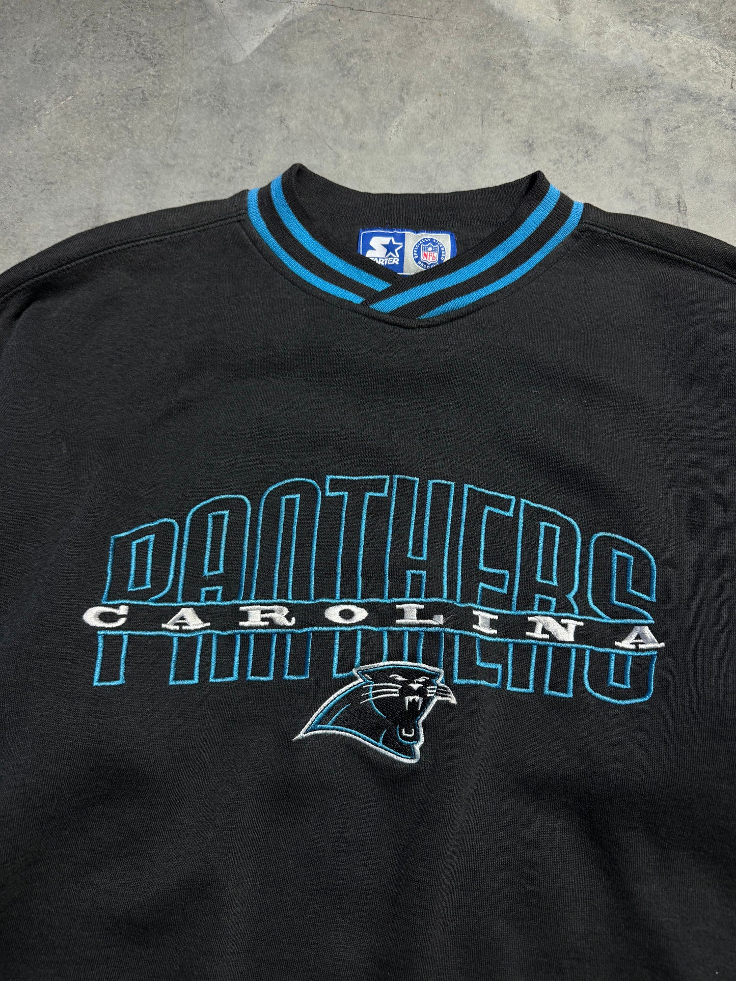 90’s Carolina Panthers Vintage Black Starter Ribbed Embroidered NFL Crewneck (Large)