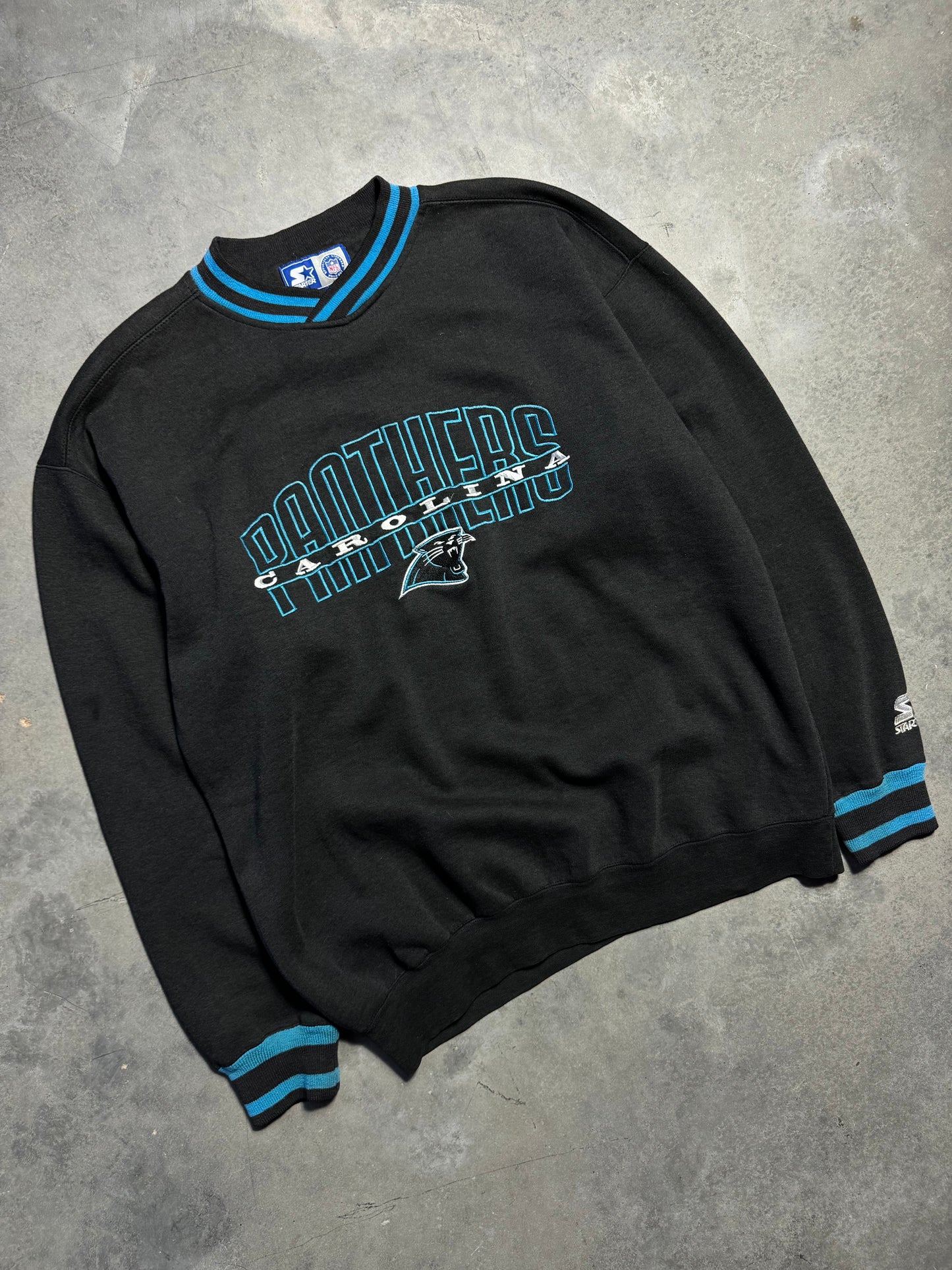 90’s Carolina Panthers Vintage Black Starter Ribbed Embroidered NFL Crewneck (Large)