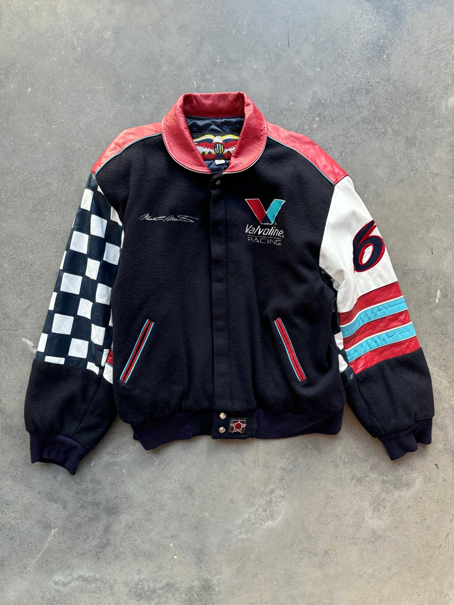 90’s Mark Martin Valvoline Racing Vintage Jeff Hamilton Heavyweight Checkered Leather NASCAR Winston Cup Jacket (Large)