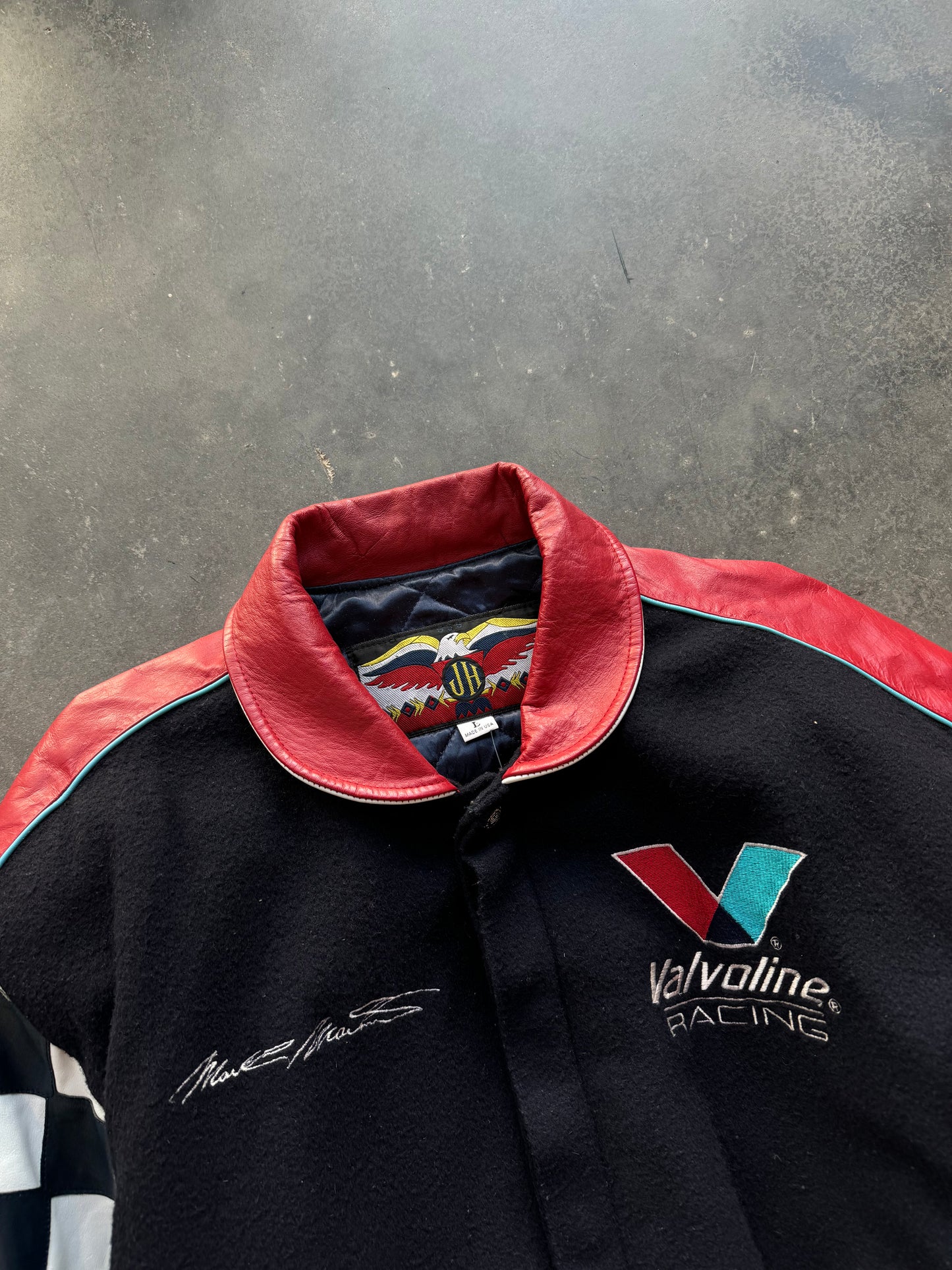 90’s Mark Martin Valvoline Racing Vintage Jeff Hamilton Heavyweight Checkered Leather NASCAR Winston Cup Jacket (Large)