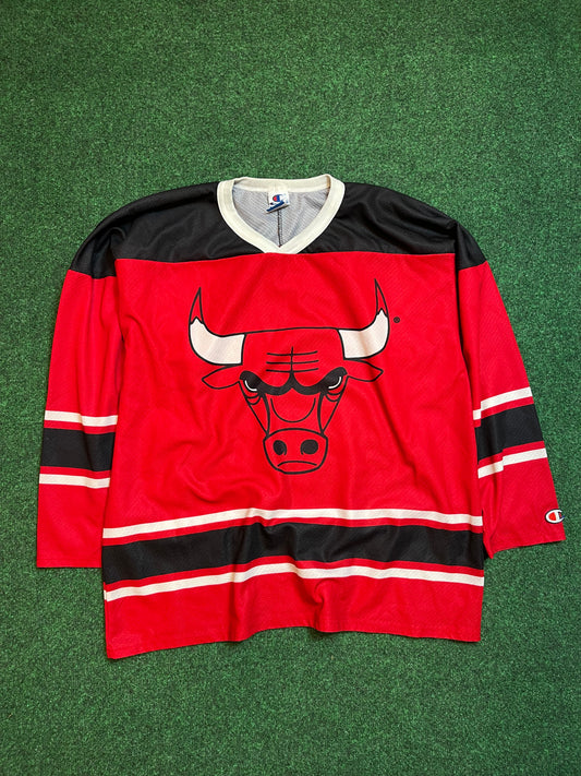 90’s Chicago Bulls Vintage Champion Big Logo NBA Hockey Jersey (Large)