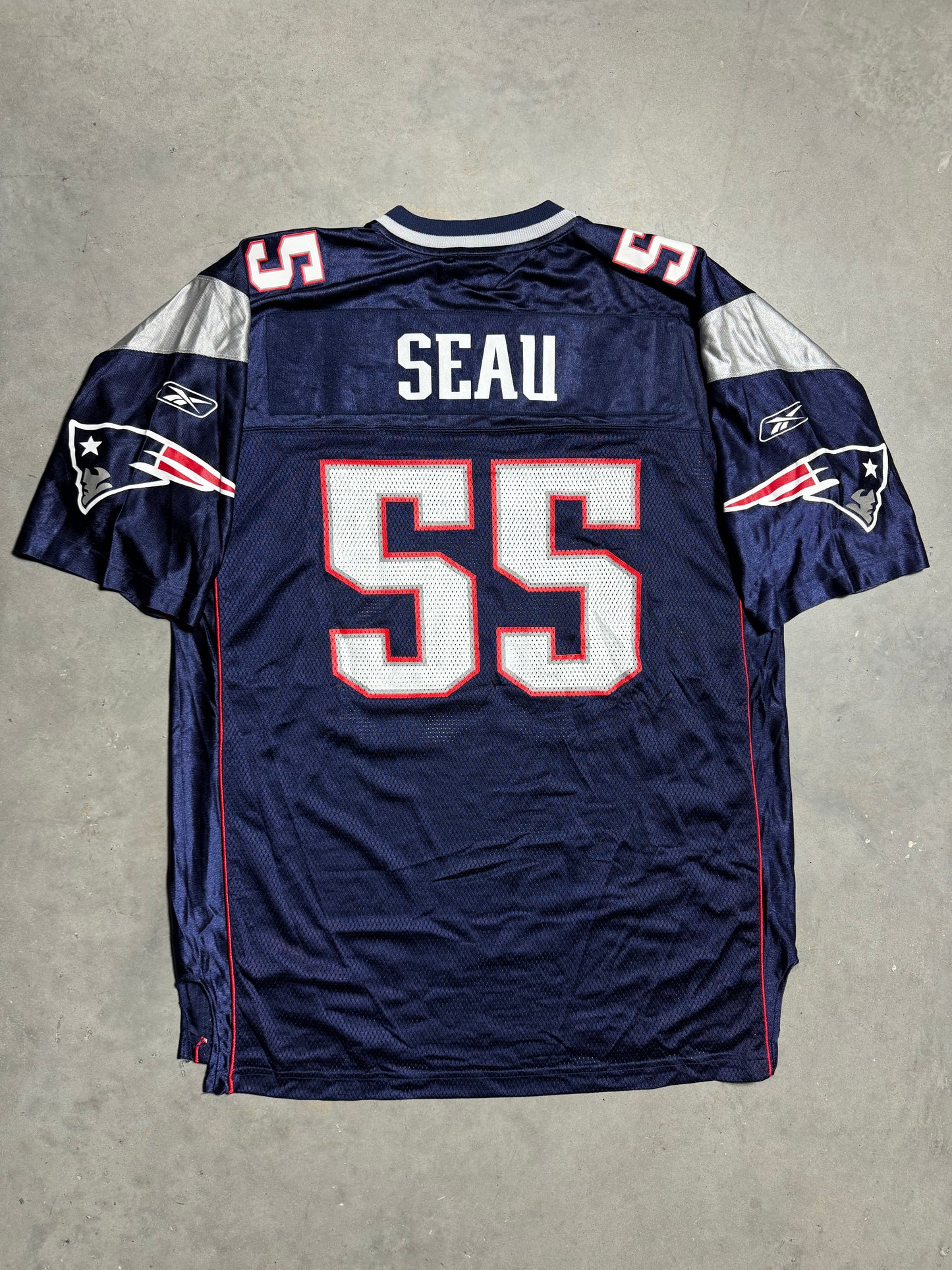 00’s New England Patriots Junior Seau Vintage Navy Reebok NFL Jersey (XL)