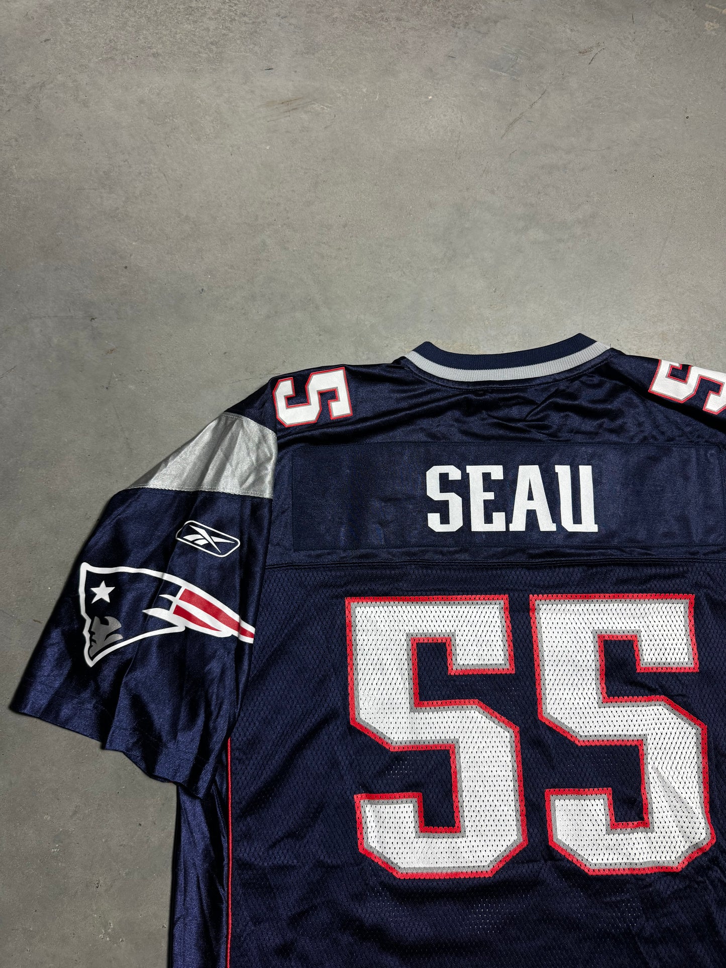 00’s New England Patriots Junior Seau Vintage Navy Reebok NFL Jersey (XL)