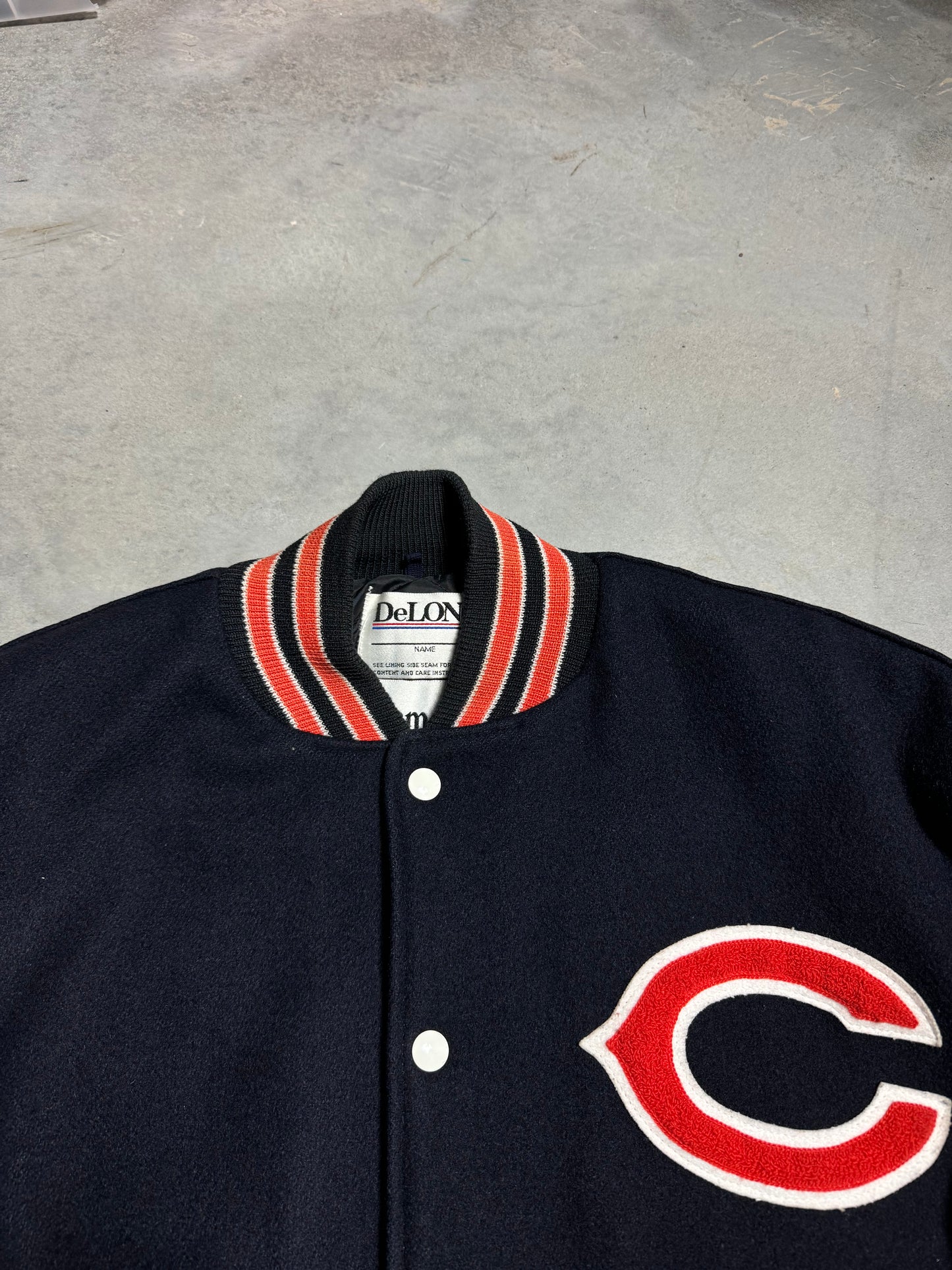 1986 Chicago Bears Vintage DeLong Wool Leather Navy Super Bowl XX Champions NFL Varsity Jacket (Large)