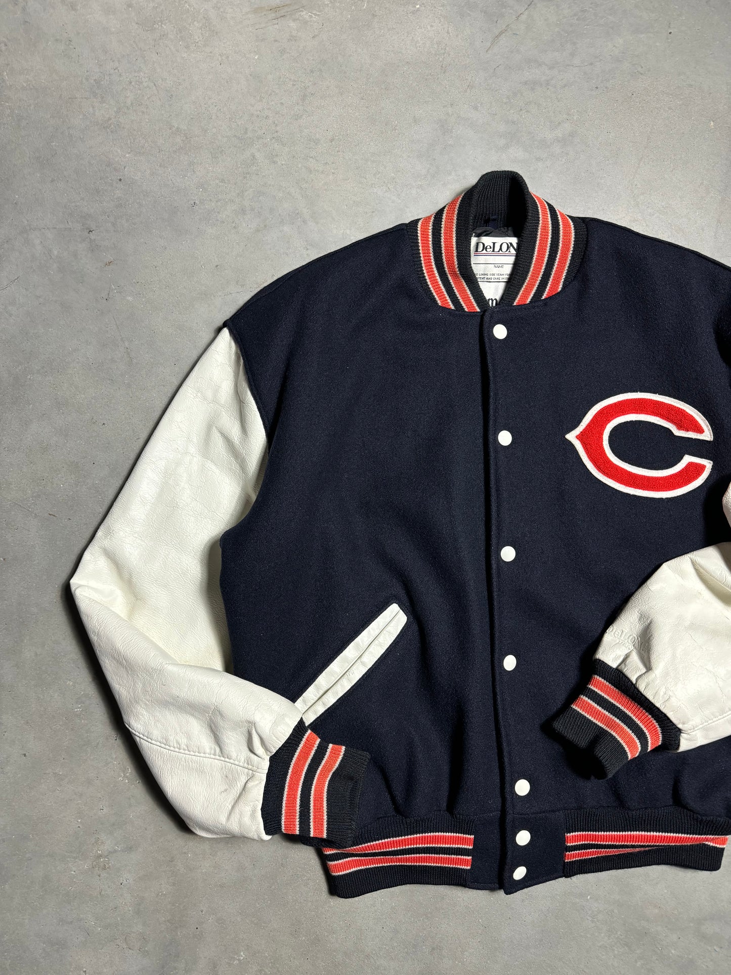 1986 Chicago Bears Vintage DeLong Wool Leather Navy Super Bowl XX Champions NFL Varsity Jacket (Large)