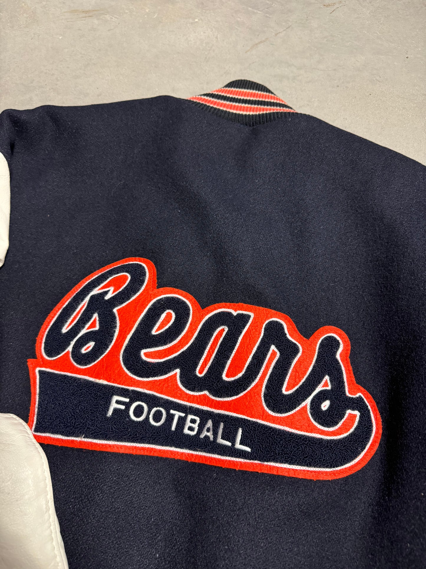 1986 Chicago Bears Vintage DeLong Wool Leather Navy Super Bowl XX Champions NFL Varsity Jacket (Large)